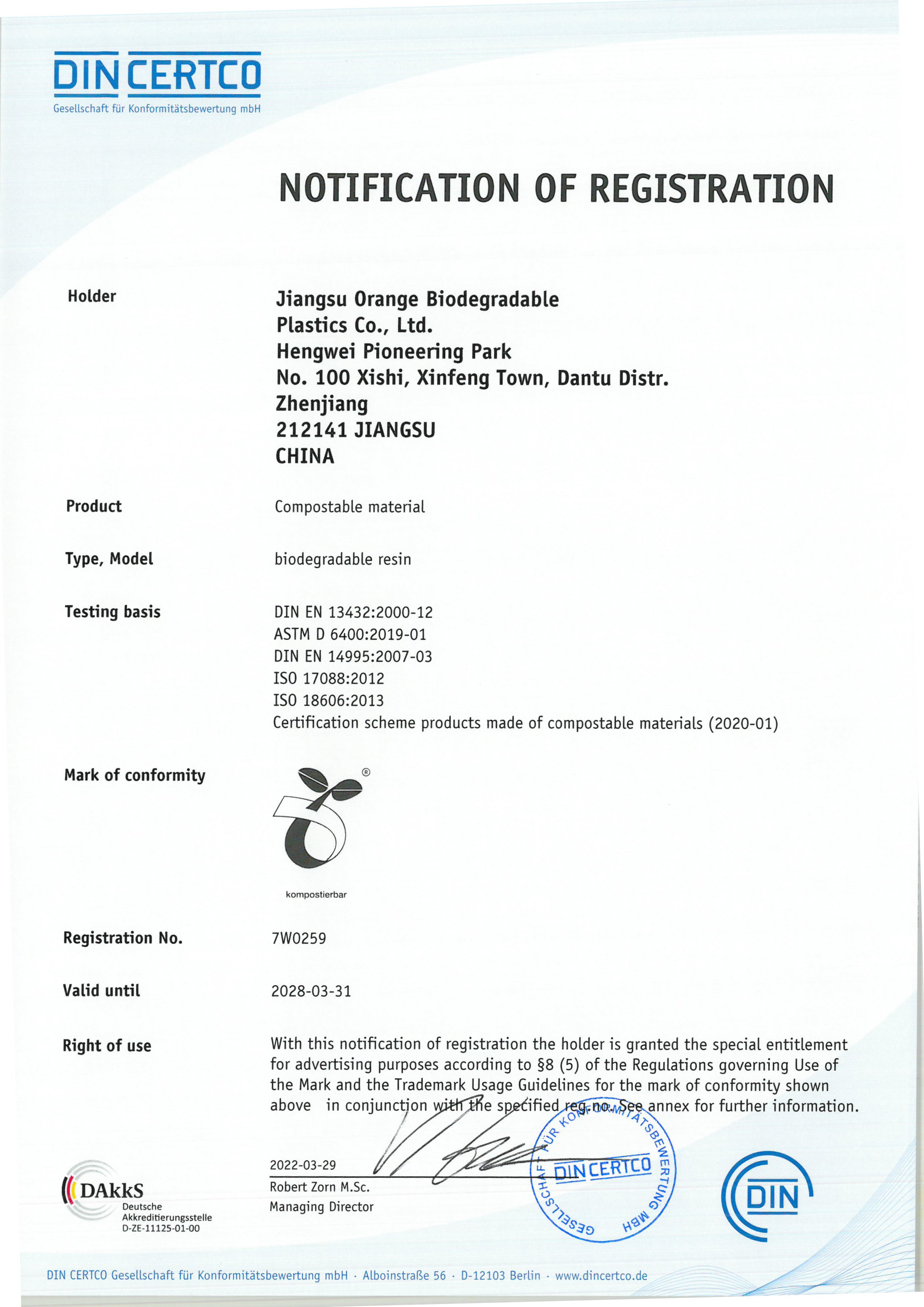 DIN CERTCO Certificate-Biodegradable Resin